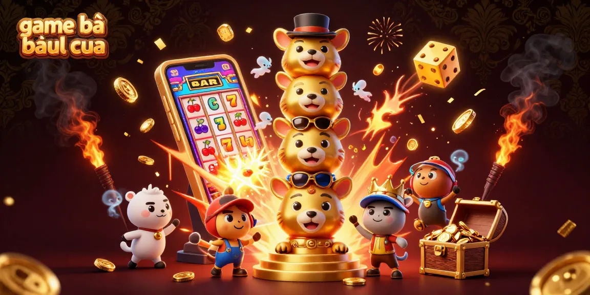 Experience thrilling game bài bầu cua with colorful elements like slot machines, golden dice, and lively totem