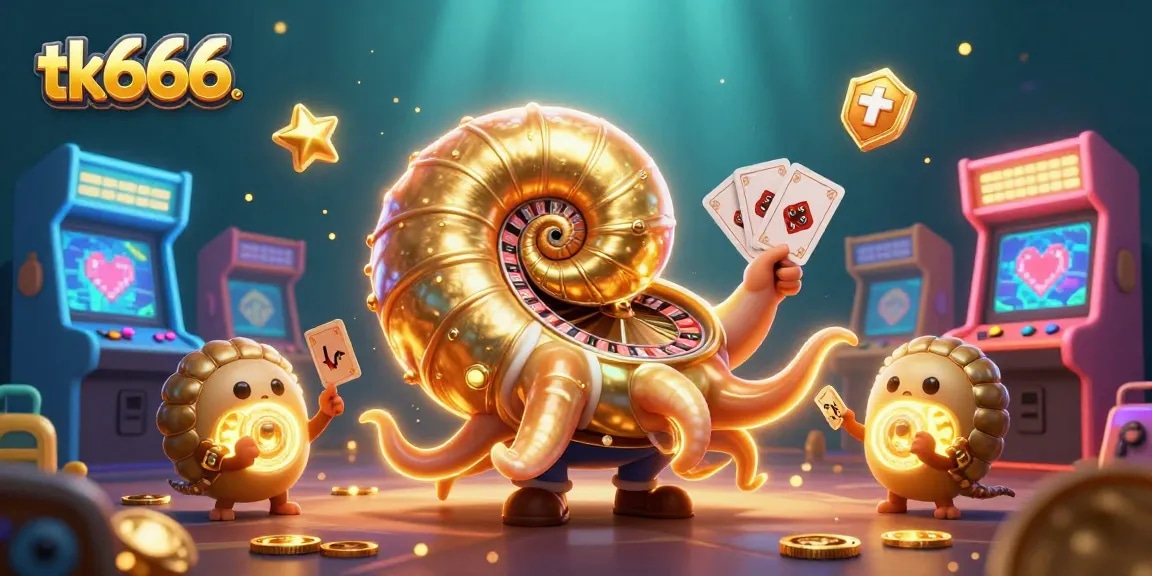Play exciting games at tk666 featuring a giant nautilus roulette wheel and glowing arcade elements.