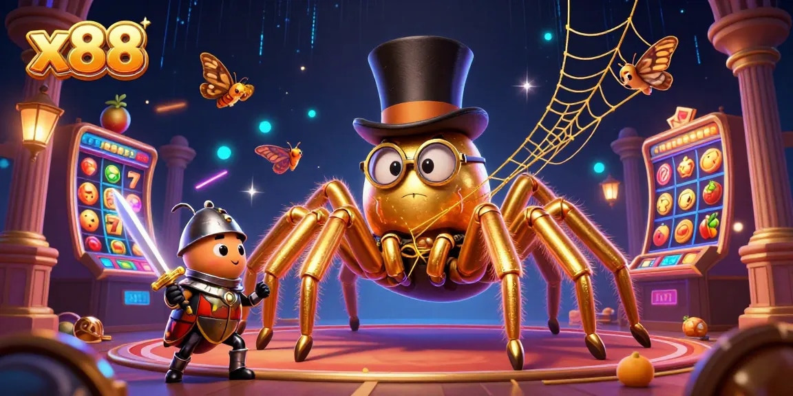 X88 spins its thrilling slots with a golden tarantula weaving luck through vibrant casino lights.
