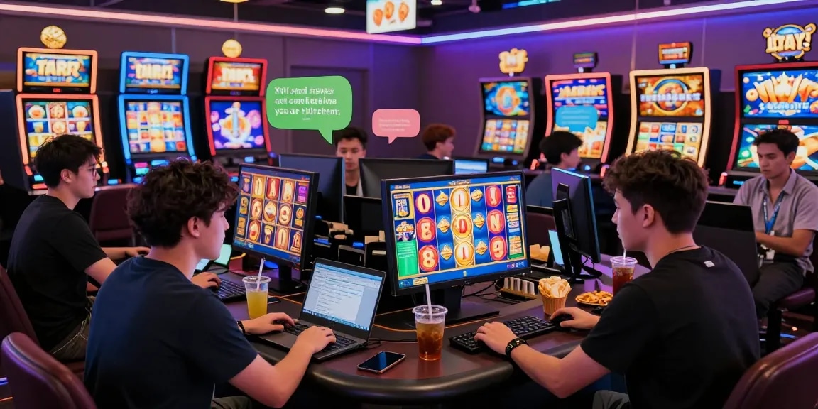 Engaged players enjoying online slot games in a vibrant digital casino setting.