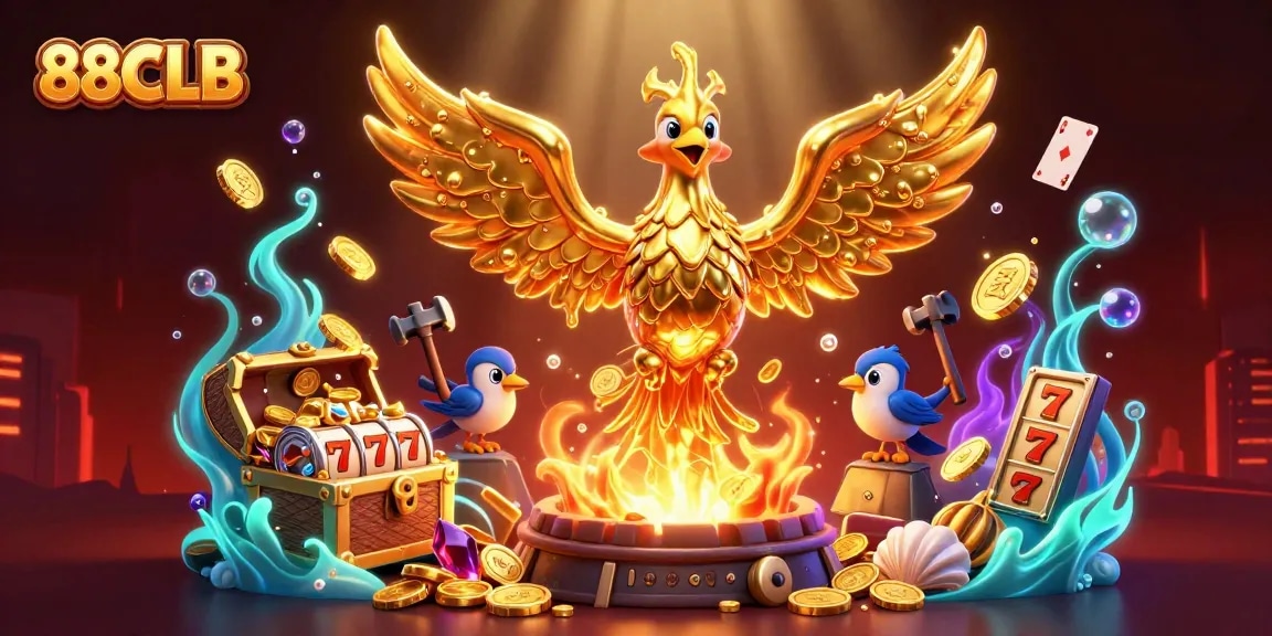 Win big at 88CLB with a vibrant casino scene featuring a golden phoenix and exciting gaming elements.