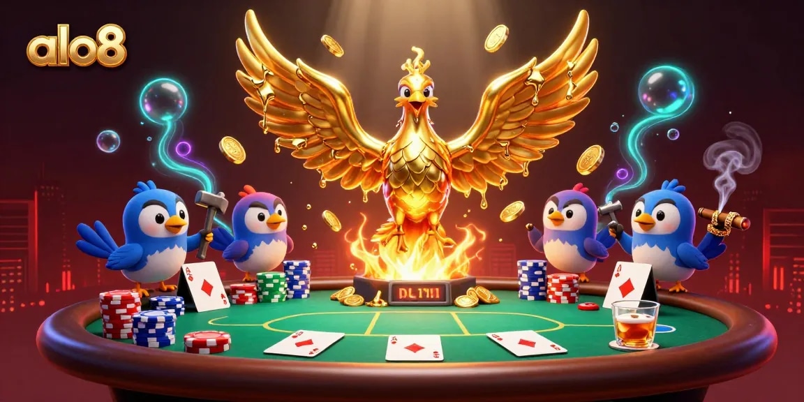 Experience the excitement of alo8 casino with this vibrant, dynamic poker scene featuring a molten golden phoenix.