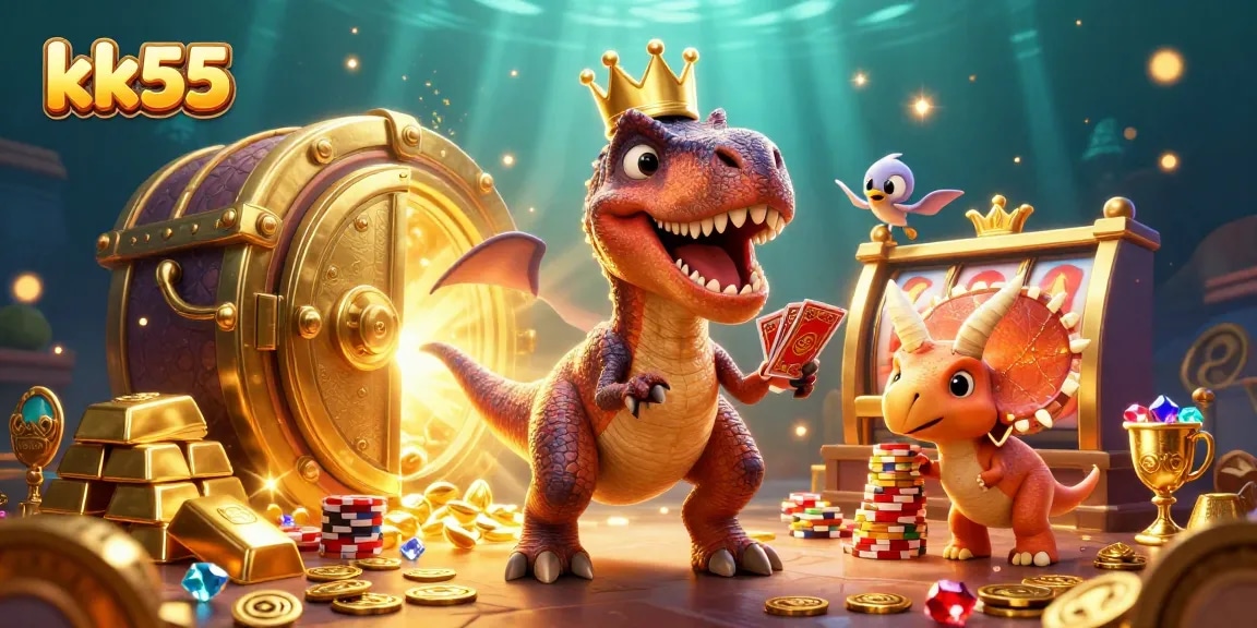 Engage with kk55's exciting casino experience featuring a T-Rex shuffling cards in a golden scene.