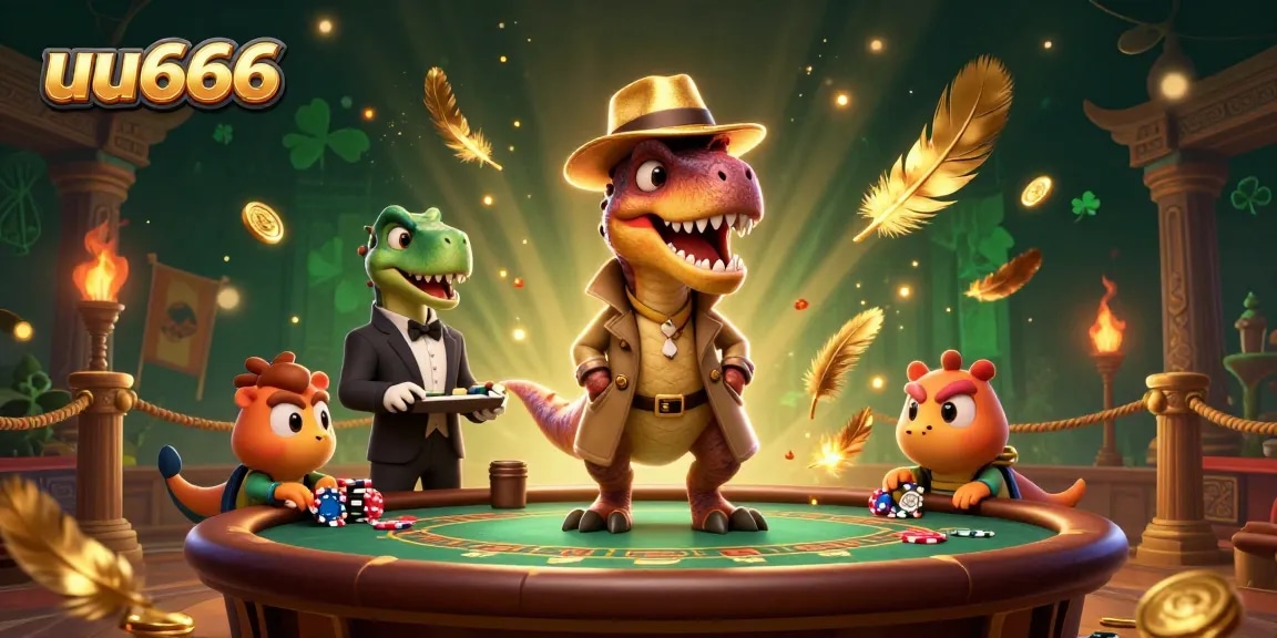 uu666 velociraptor card counter at blackjack table amidst swirling gold and dramatic effects