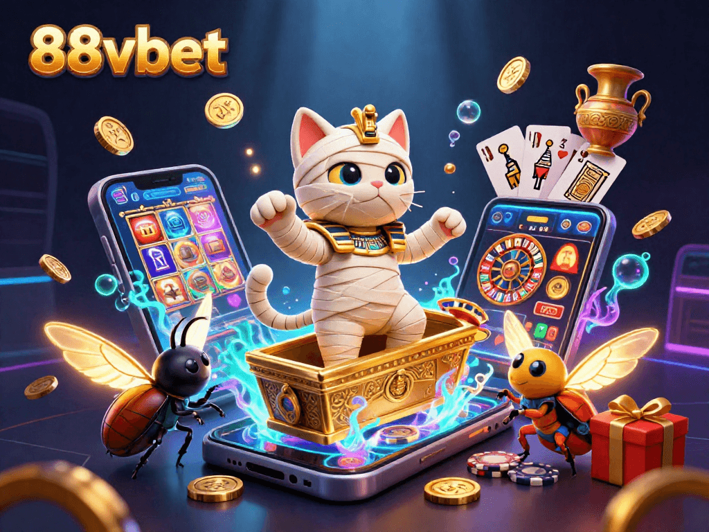 Experience thrilling games with 88vbet in this vibrant casino scene featuring a mummy cat and treasures.