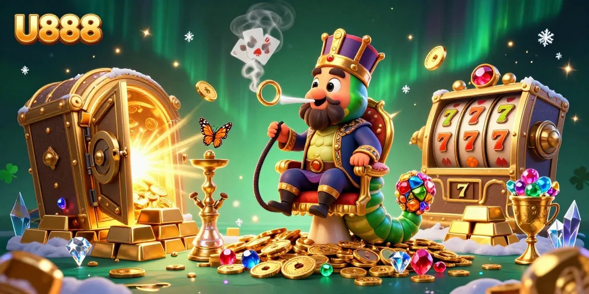 Experience thrilling games at U888 with a vibrant 3D illustration of an enchanted casino scene.