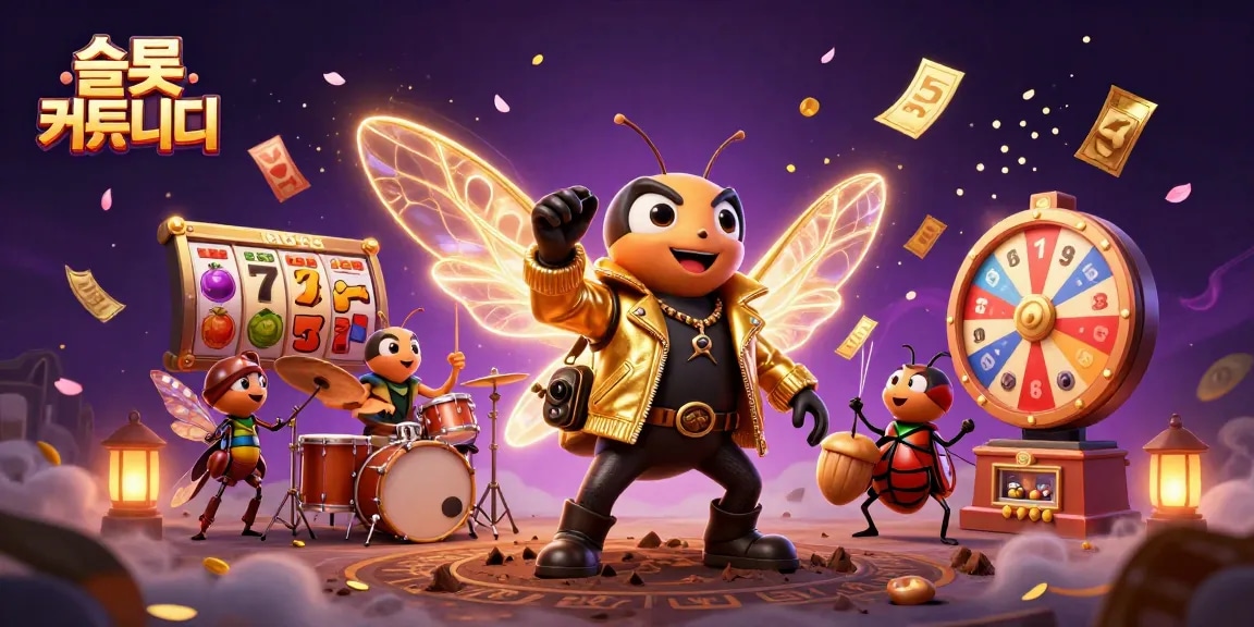 Engage with the vibrant 슬롯 커뮤니티 featuring a cicada rock star and dynamic slot game elements.