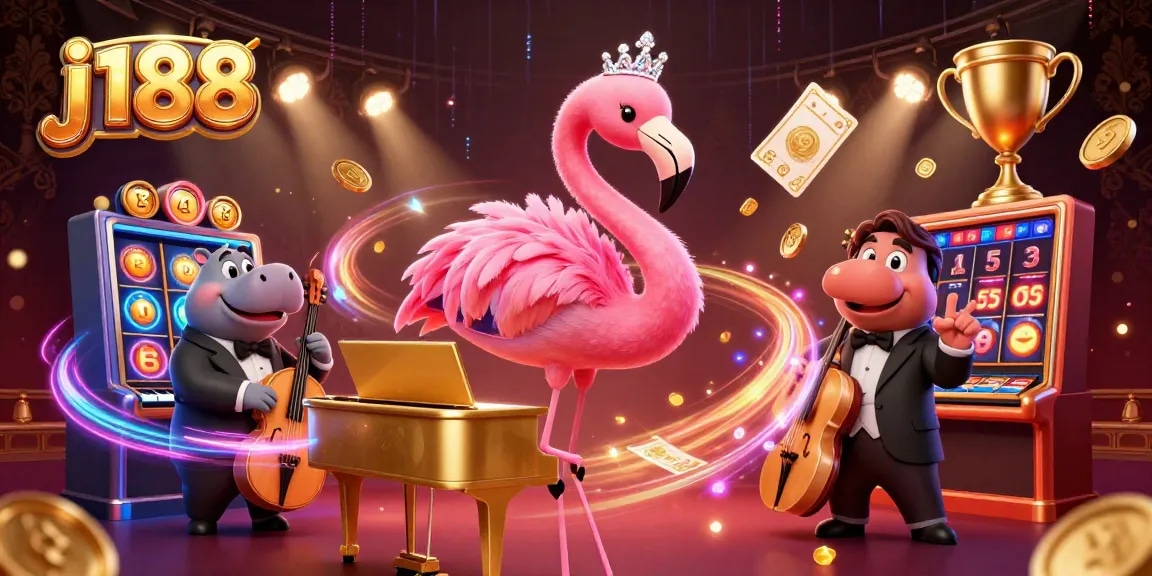 Experience thrilling gameplay at j188 with a vibrant casino illustration showcasing flamingo singers and dynamic game elements.