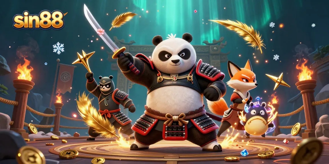 Experience the thrilling adventures of sin88 with a panda warrior and ninja fox in an epic casino showdown.