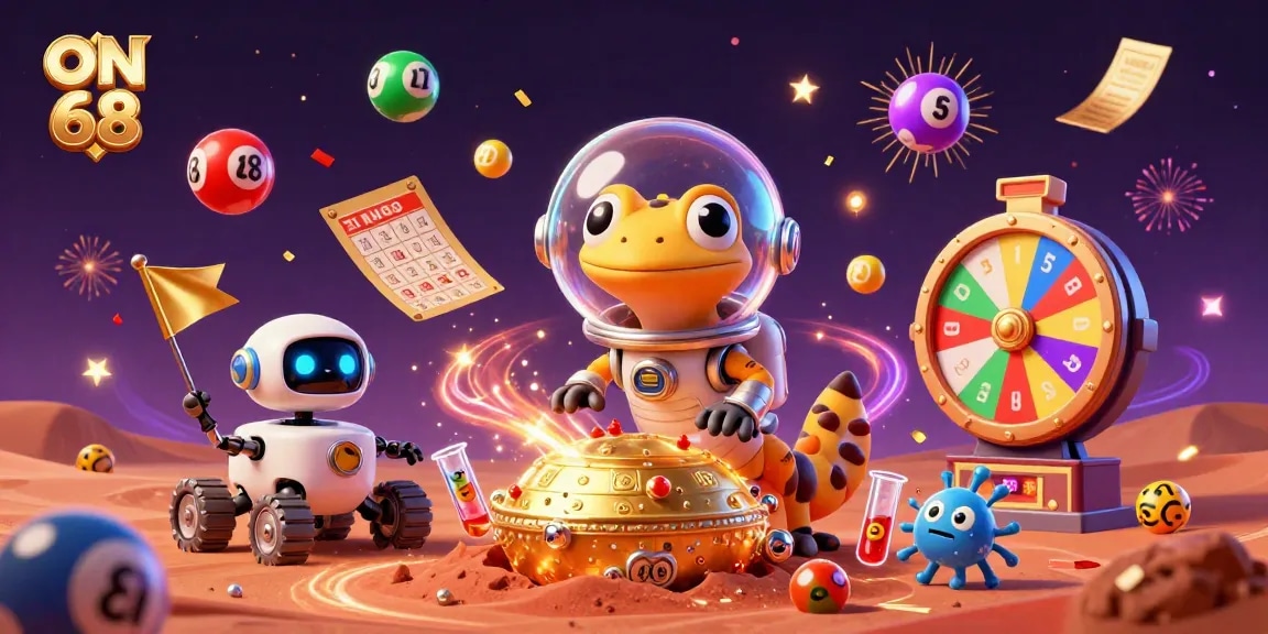 Unveil the excitement of ON 68 with a Martian gecko at a golden casino, amidst vibrant gaming elements.