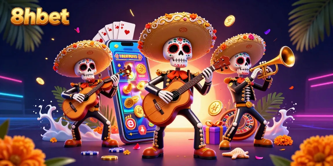 Experience thrilling gaming at 8xbet with vibrant mariachi skeletons and exciting casino elements.