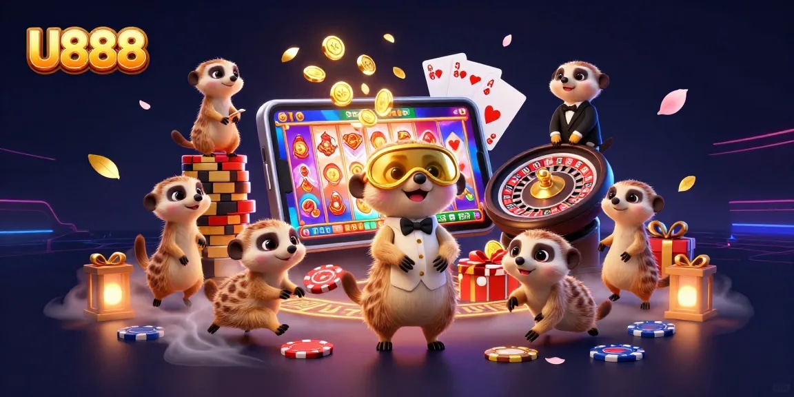 Experience U888's vibrant casino thrills with meerkats running the show in this colorful 3D scene.