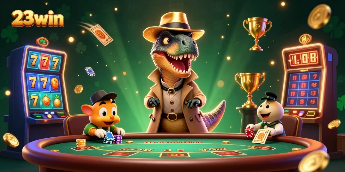 Experience thrilling gameplay with 23win as cartoon characters navigate a vibrant casino scene.