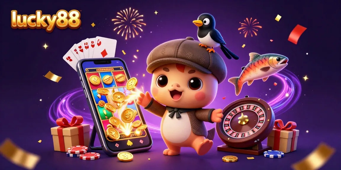 Spin and win big with lucky88 in this vibrant casino-themed 3D illustration featuring playful characters.