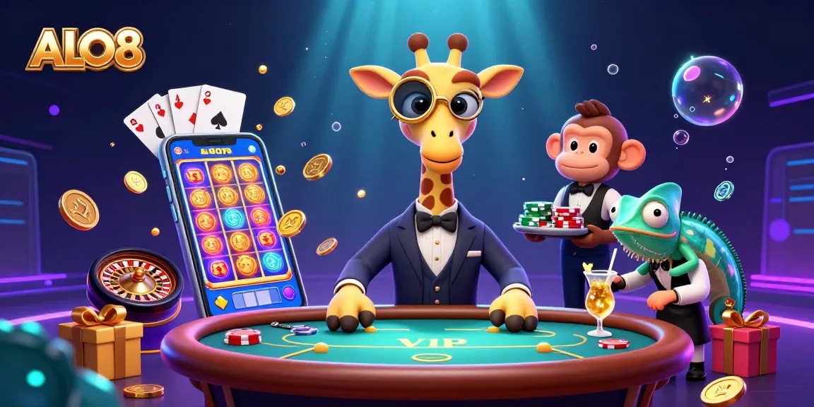 Experience thrilling wins at ALO8 casino with lively characters and exciting game elements in a vibrant setting.