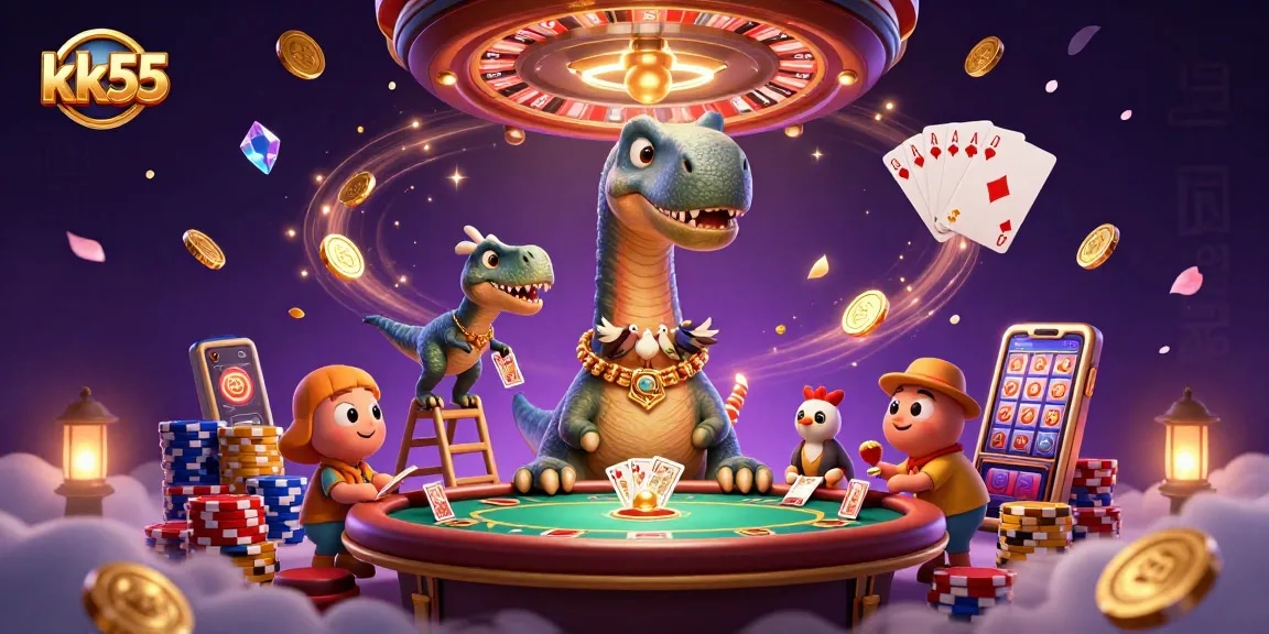 Watch the clever raptor deal cards under the watchful brontosaurus at kk55's exciting casino scene.