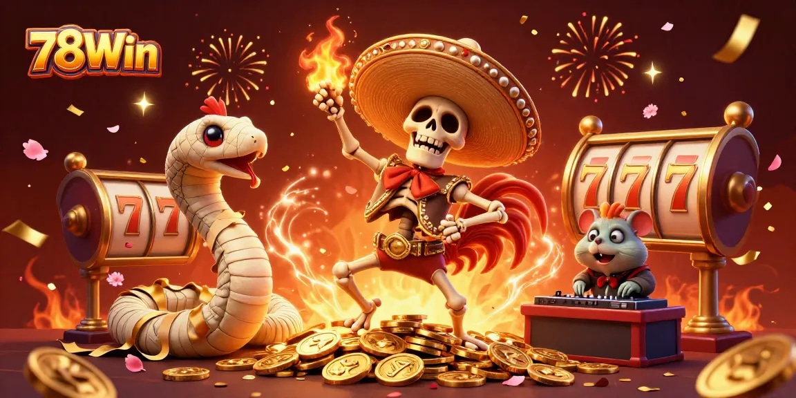 Experience thrilling wins at 78Win with a lively celebration of gambling characters and dynamic casino elements.