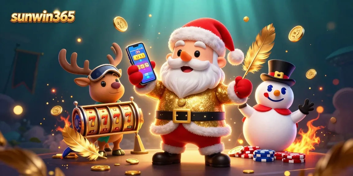 Experience sunwin365 with Santa and friends celebrating jackpot wins in a vibrant casino scene.