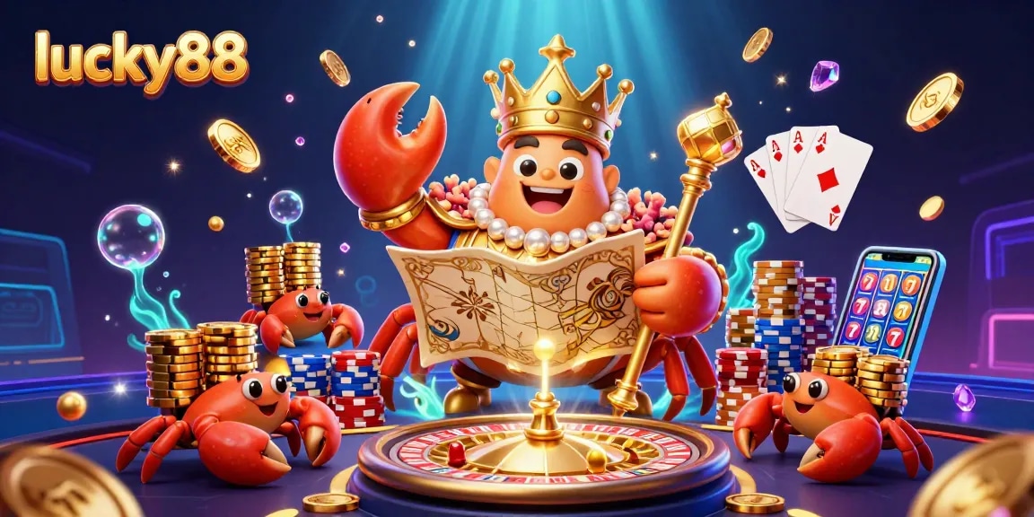 Experience the excitement of lucky88 with a vibrant casino scene featuring a golden crab emperor alongside golden coins and gems.
