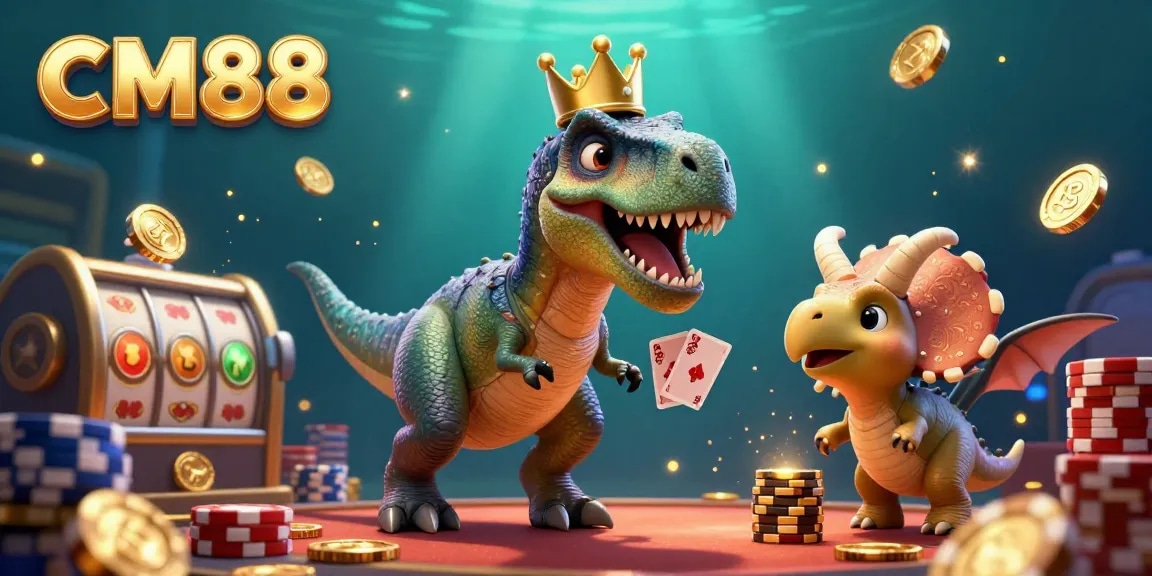 Engage with CM88 in a vibrant 3D casino scene featuring a friendly T-Rex shuffling cards.