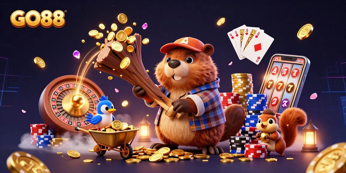 Engage with GO88's thrilling gaming adventure, featuring vibrant characters and lively casino elements.