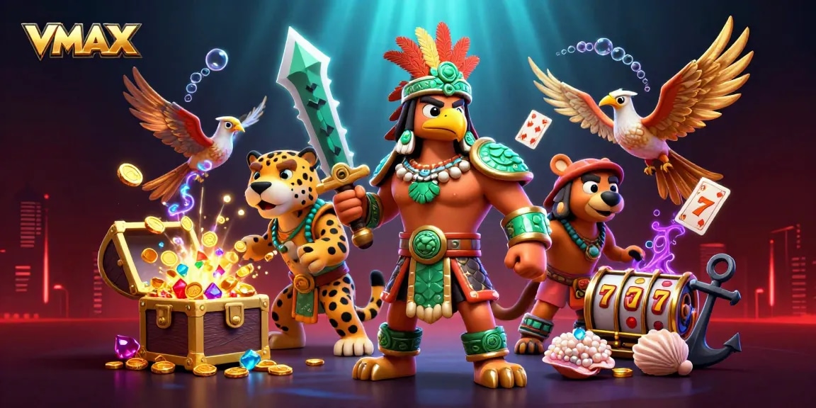 VMAX warriors engage in thrilling casino action with gold coins, floating cards, and dynamic game elements.