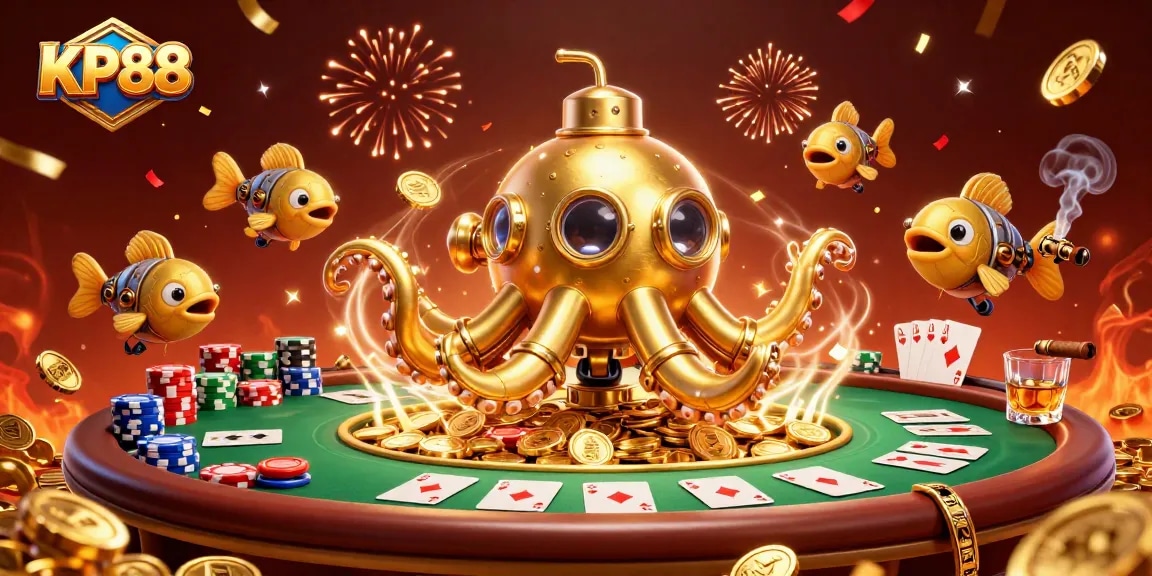 Experience winning moments at KP88 casino with this lively underwater poker scene.