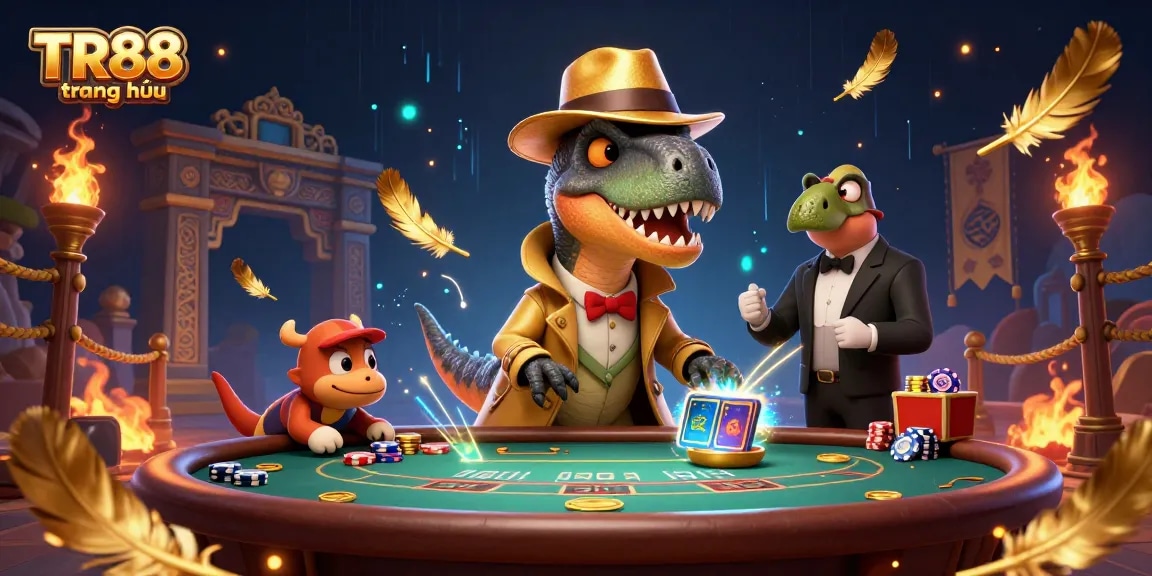 Engage with TR88 trang chủ at a vibrant casino scene featuring a clever velociraptor counter.