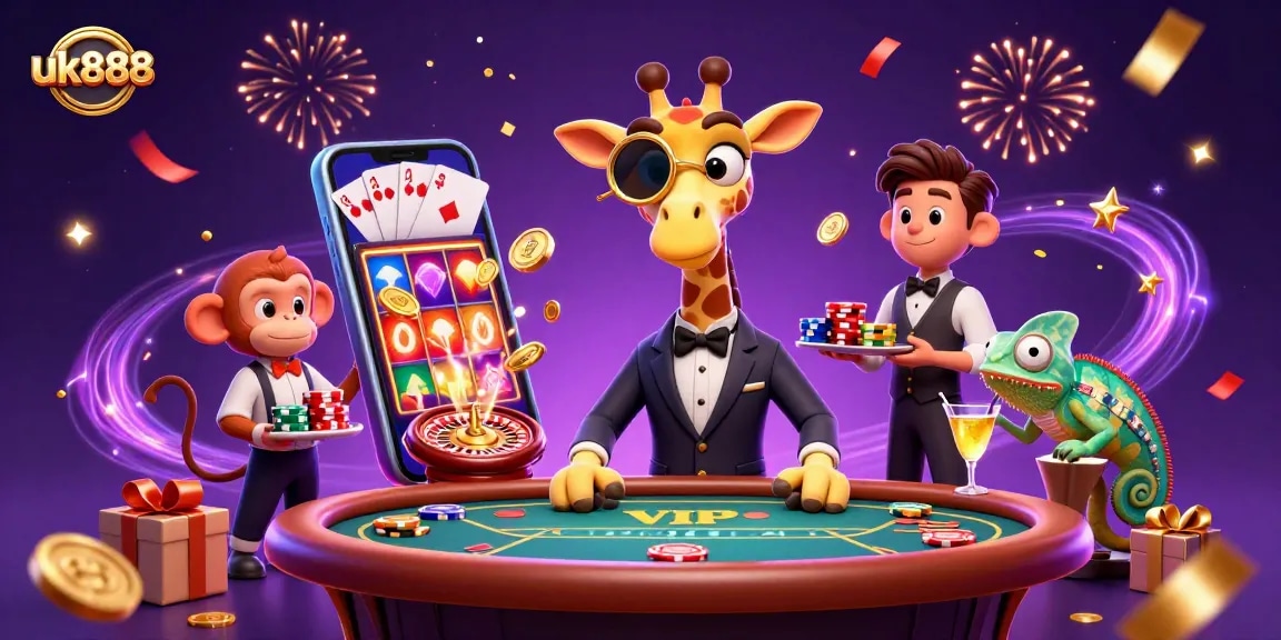 Experience thrilling wins at uk888 with a lively casino scene featuring a high-roller giraffe and dynamic gaming elements.