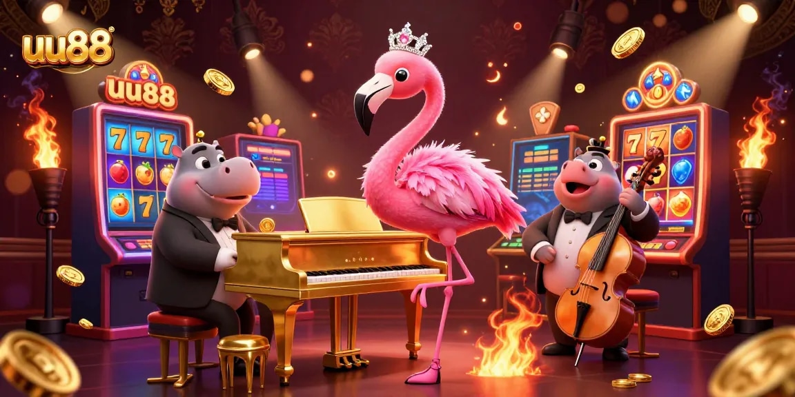 Engage with uu88's vibrant casino scene featuring slot machines, gold coins, and lively characters.