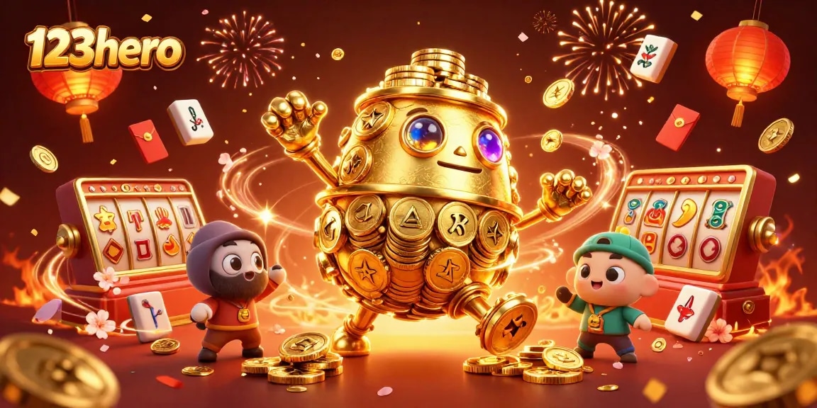 Play thrilling slots at 123hero with golden golems and vibrant casino elements lighting the way.