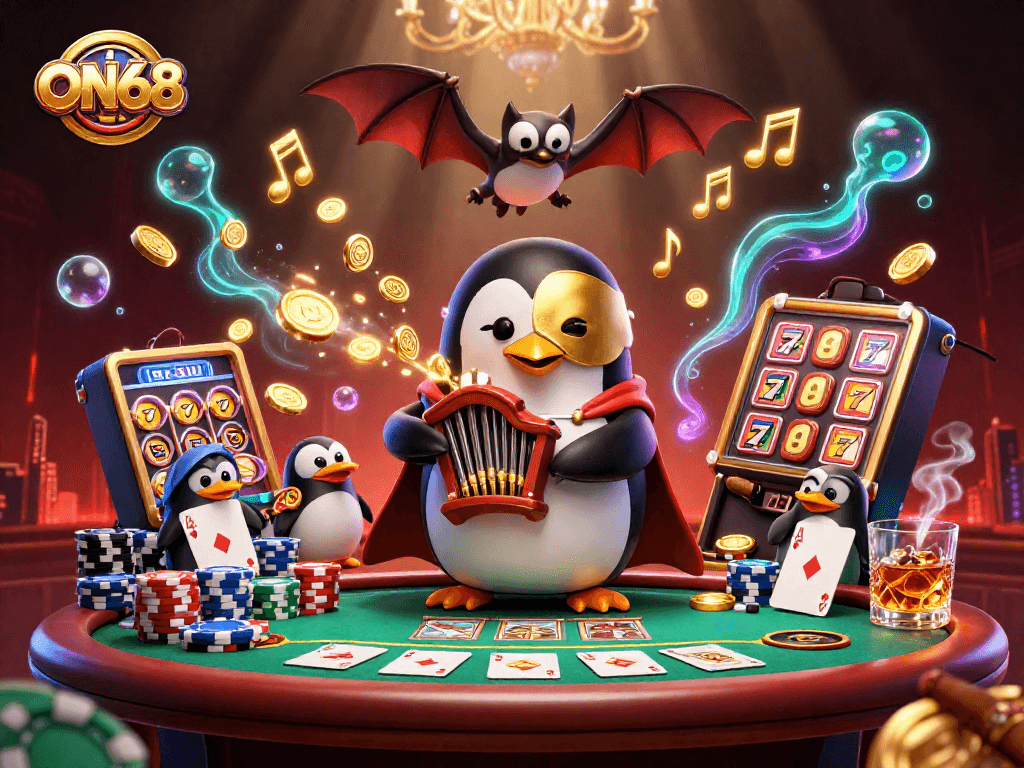 Experience thrilling wins at ON68 with a vibrant 3D casino illustration showcasing a cartoon penguin playing an organ shooting coins.
