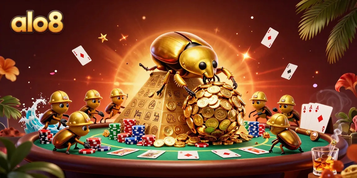 Experience thrilling casino action at alo8 with a golden dung beetle and vibrant poker elements.