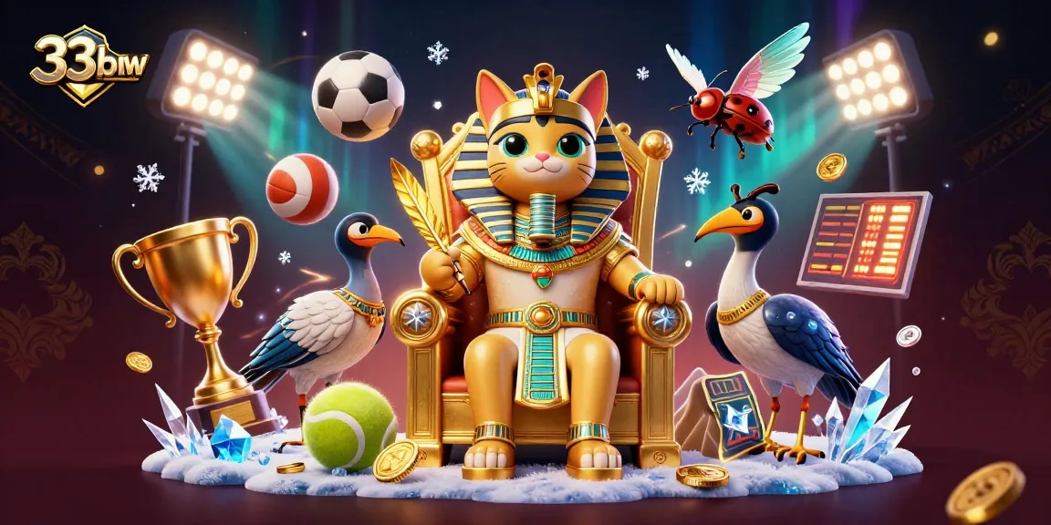 Engage with exciting games on 33bmw, featuring a captivating scene with a pharaoh cat and dynamic sports elements.