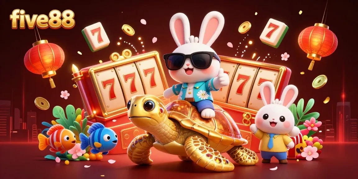 Experience the excitement of five88 with a lucky rabbit and golden sea turtle in a vibrant casino scene.