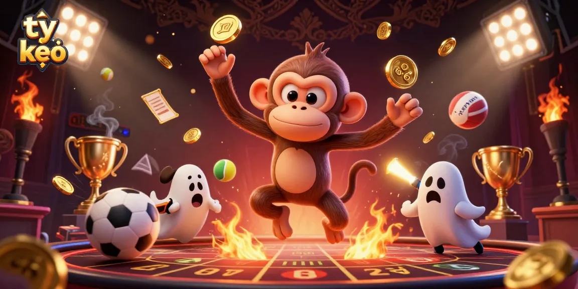 Interactive display of tỷ lệ kèo with a playful ghost-hunter puppy tracking golden juggled items in a haunted sports betting casino.