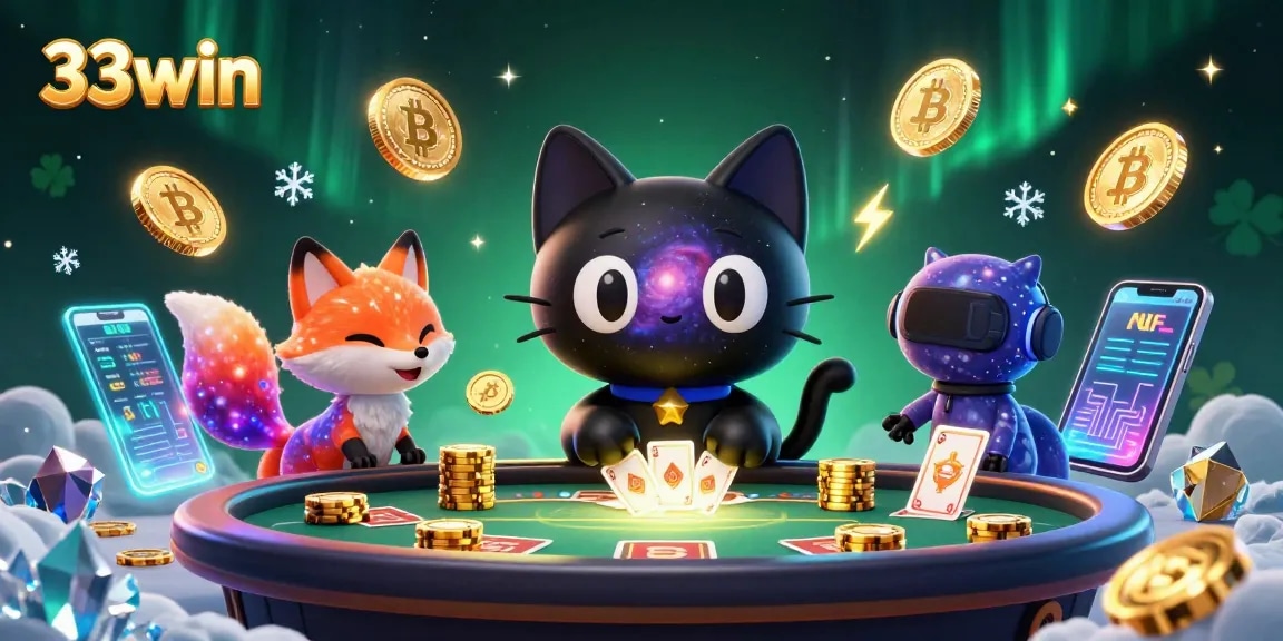 Experience the allure of 33win with a cosmic cat and nebula fox in a vibrant casino.