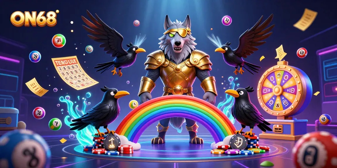 Experience thrilling gaming at ON68 with vibrant lottery balls and luxurious Norse-inspired characters.