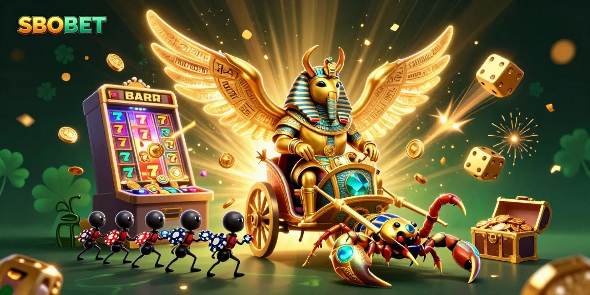 SBOBET offers exhilarating gaming with a grand golden scarab beetle amidst vibrant slot action.