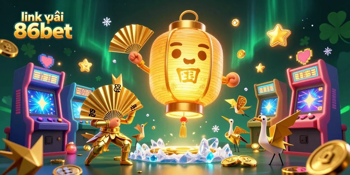Engage with link vào 86bet through a vibrant 3D casino scene featuring colorful gaming elements and magical characters.