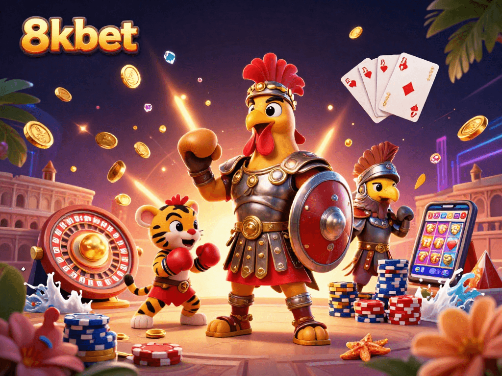 Experience the thrill of 8kbet with 3D gladiator rooster, casino excitement, and vibrant gameplay elements.