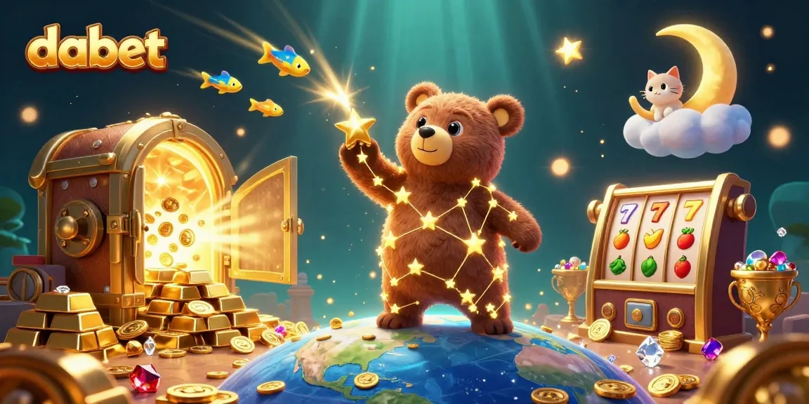 dabet players celebrate big wins at a vibrant online casino filled with gold and treasures.