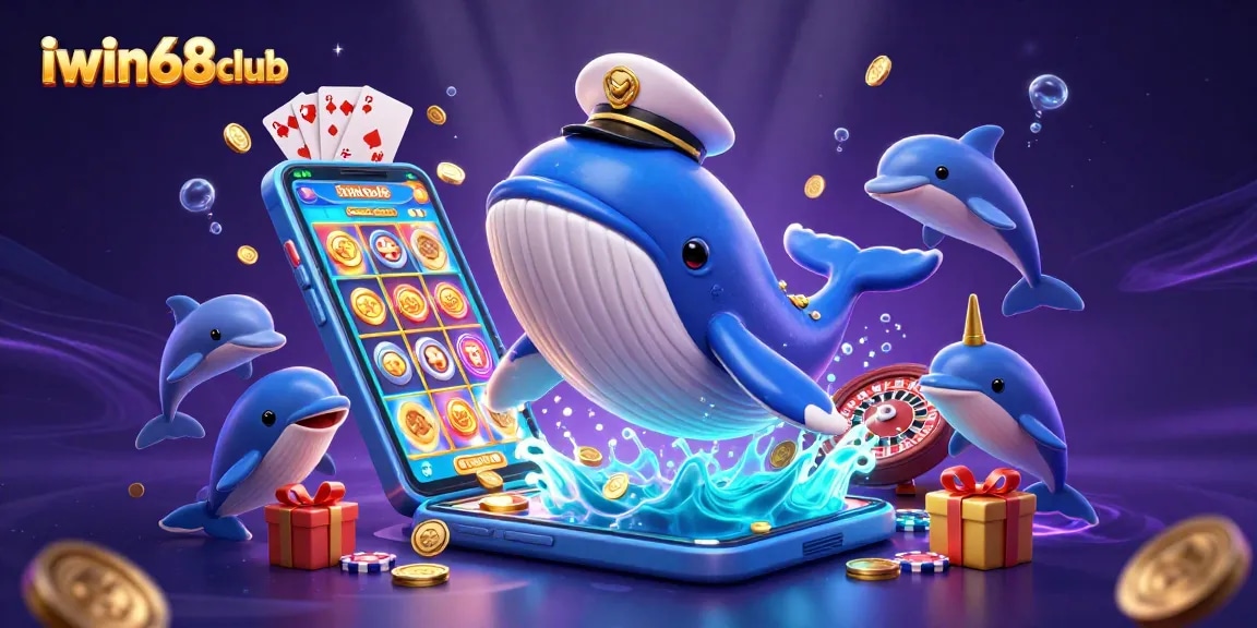 Experience the excitement at iwin68club with vibrant 3D cartoon aquatic characters amid a sea of casino-themed elements.