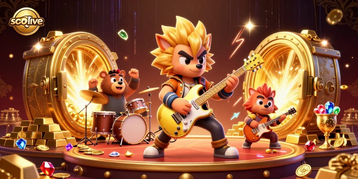 Socolive's vibrant casino scene featuring a rock star wolf and drummer bear celebrating big wins with treasures and gems.