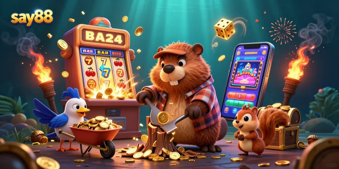 Experience thrilling wins at say88 with a cartoon beaver surrounded by golden coins and vibrant casino games.