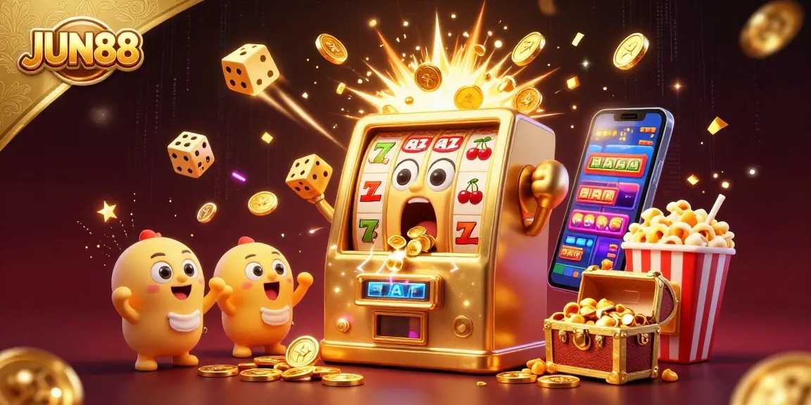 Experience thrilling jackpots with JUN88's lively slot machine scene, radiating excitement and winning moments.