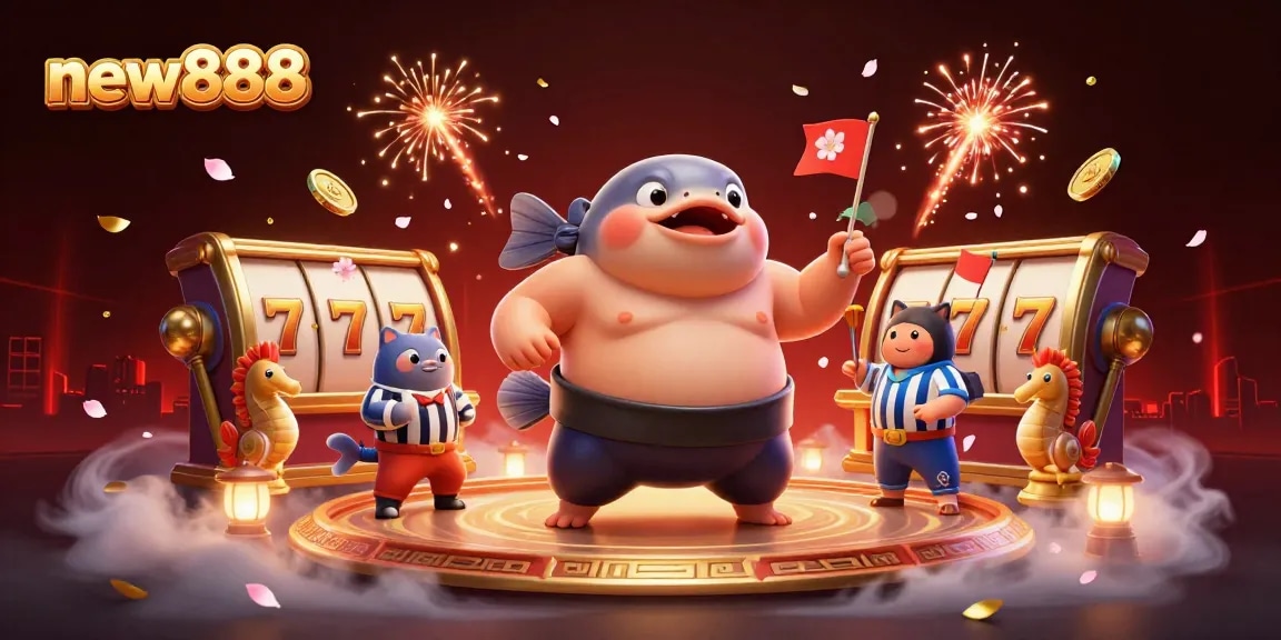 new888 showcases a vibrant online casino scene with dynamic slot reels and celebratory elements, illustrating excitement and winning.