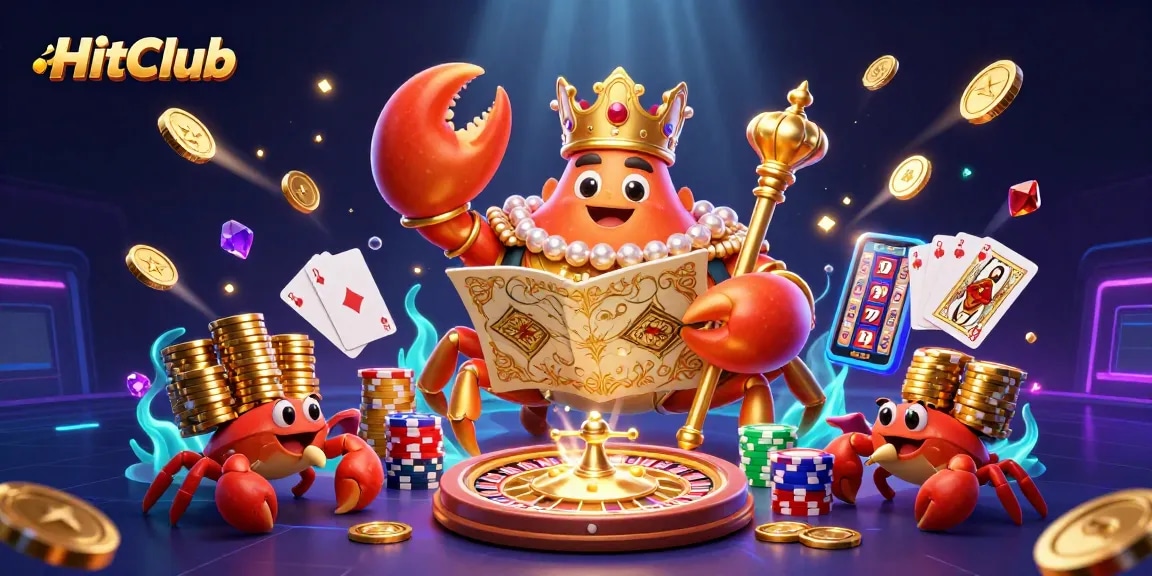 Experience excitement at HitClub with a golden crab emperor amidst light trails and casino games.