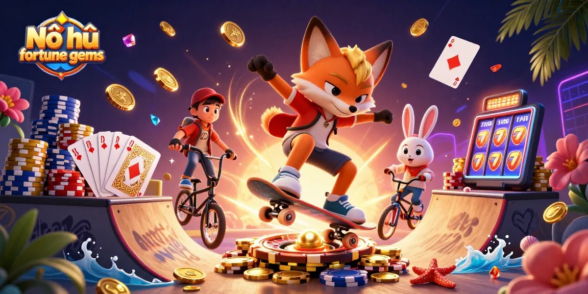 Nổ hũ fortune gems reveals vibrant casino action with cartoon characters and dynamic elements