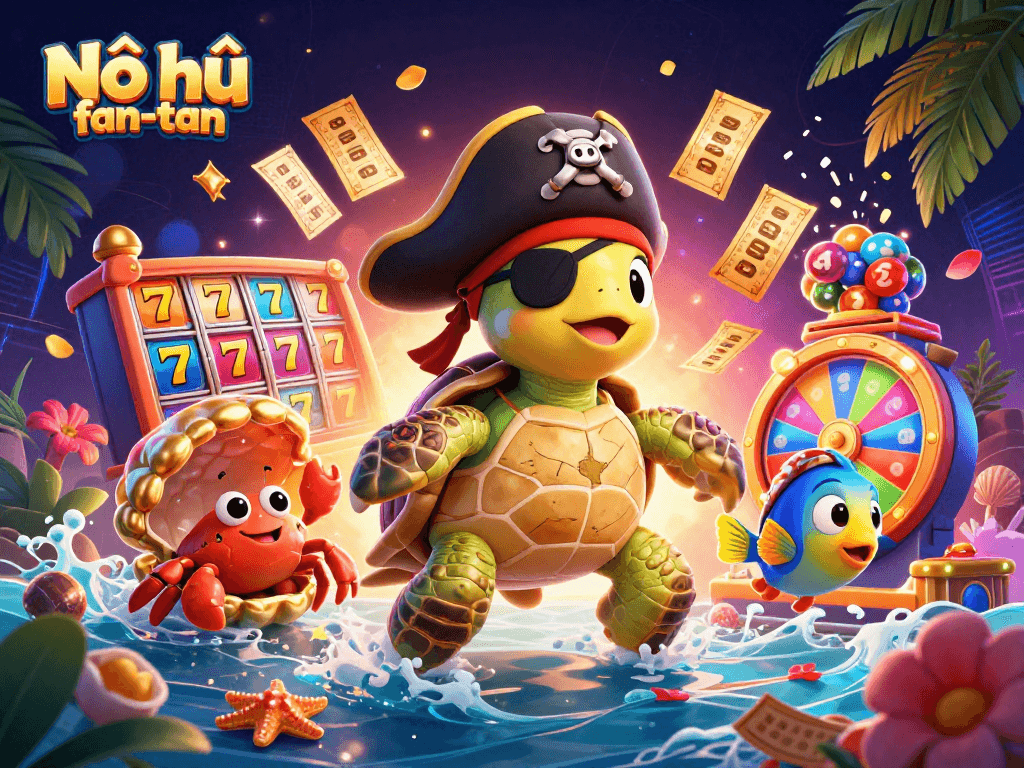 Nổ hũ fan-tan showcases a dynamic 3D scene with a pirate turtle, crab, and parrotfish amid slot reels and colorful lottery elements.